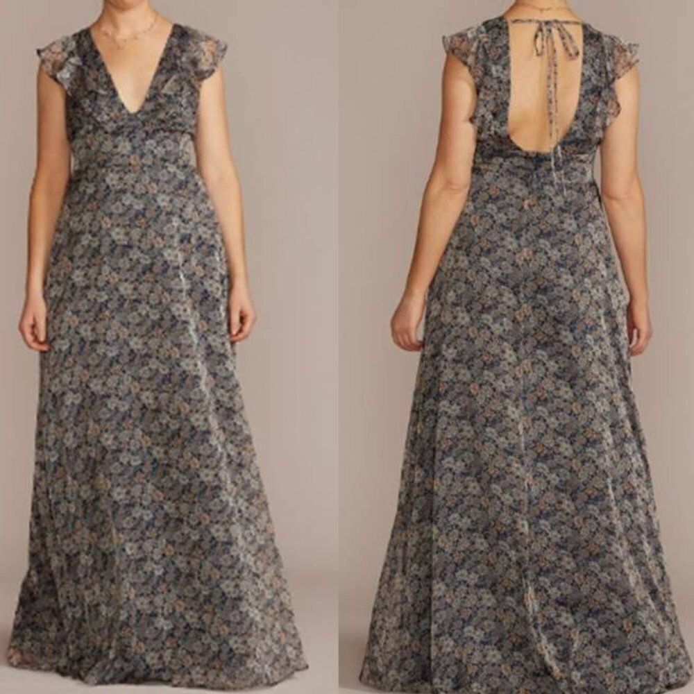 DB STUDIO Plunging Printed Floral‎ Chiffon with Ruffles Gown Dress